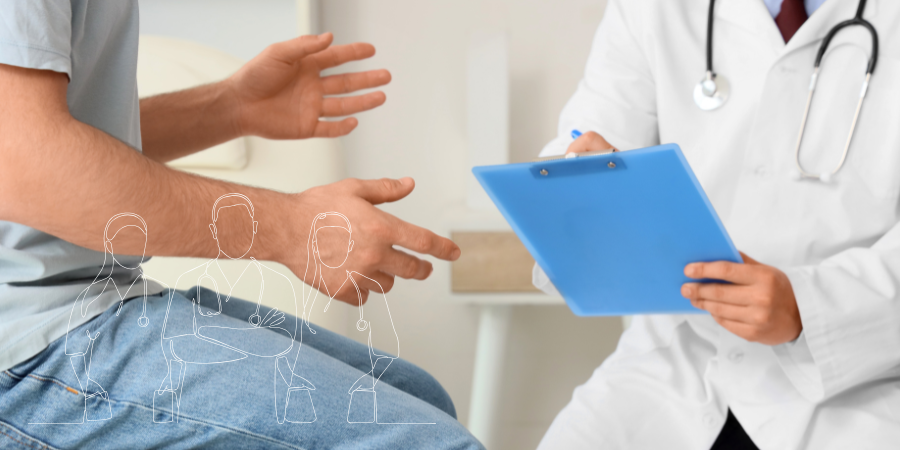 Patient speaking with a doctor during a health insurance consultation.